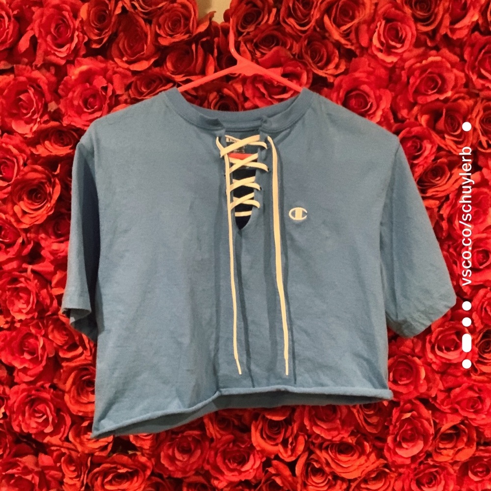 blue lace up champion shirt!!